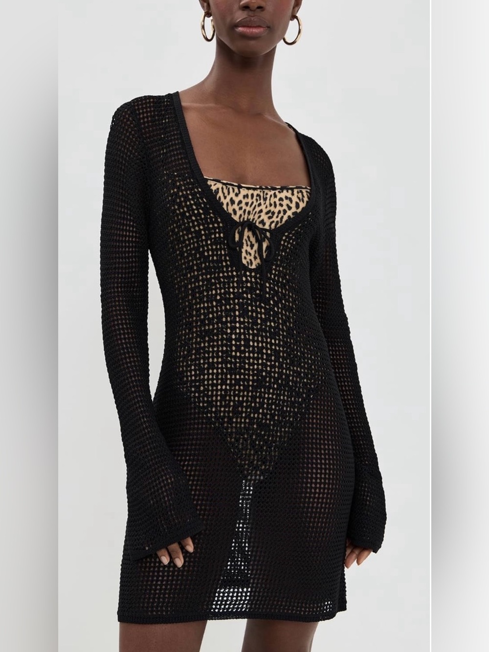 Good American Black Crochet Cover-Up Dress with Leopard Underlay, size Medium